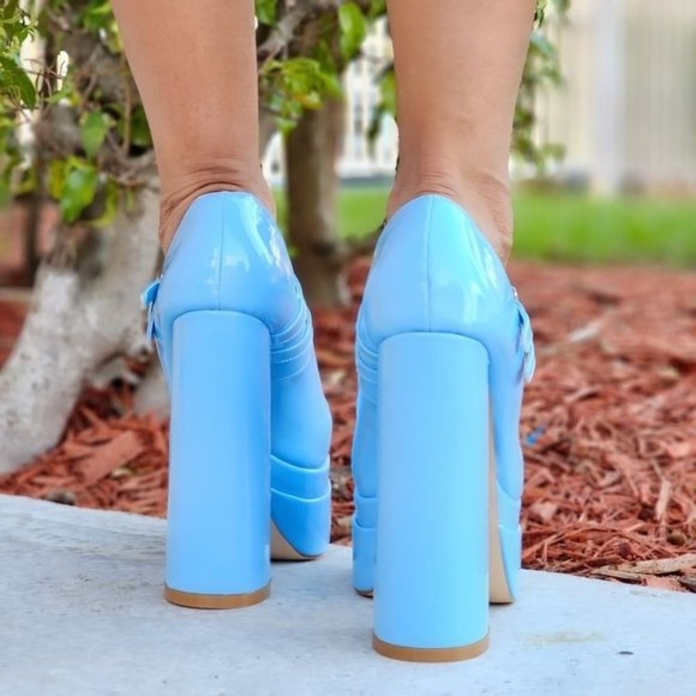 Women's Double Strap Patent Platform Pumps Blue Color - Picture 5 of 6
